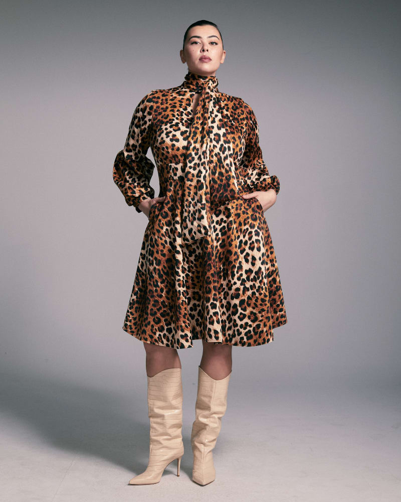 Front of a model wearing a size 1X Bekah Flare Dress in Leopard by L I V D. | dia_product_style_image_id:270282